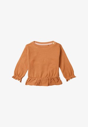 Gestreepte oranje blouse met lange mouwen en een peplumzoom, ronde halslijn en knoopdetail op de schouder, heeft gathered ruffles aan de manchetten.