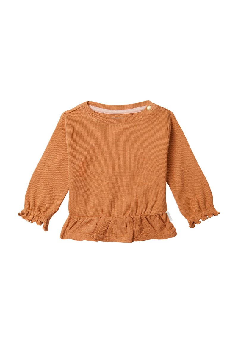 Pomarańczowa, prążkowana bluzka z długim rękawem, z peplum u dołu, okrągłym dekoltem i ozdobnymi guzikami na ramieniu, z marszczonymi rękawami z falbanami.