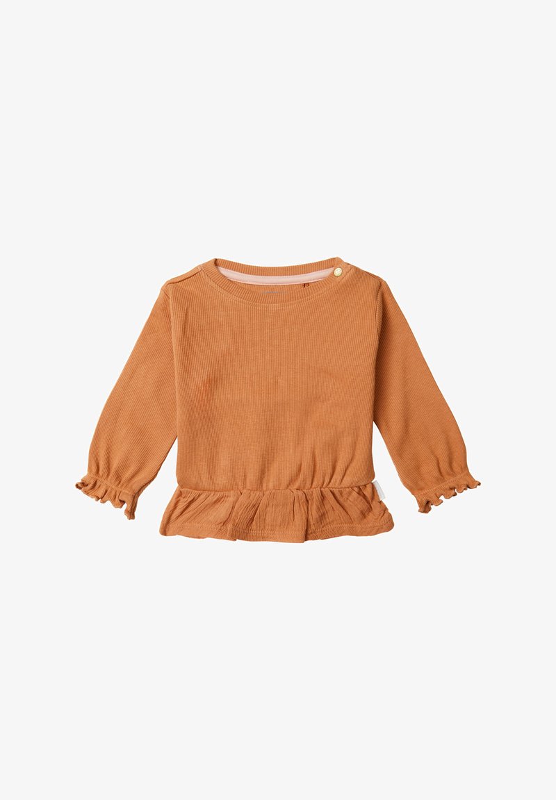 Pomarańczowa, prążkowana bluzka z długim rękawem, z peplum u dołu, okrągłym dekoltem i ozdobnymi guzikami na ramieniu, z marszczonymi rękawami z falbanami.