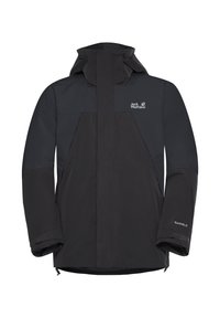 Veste imperméable noire avec un col haut, une capuche et un design bicolore. Présente une texture lisse et un logo sur la poitrine ; poignets ajustables.