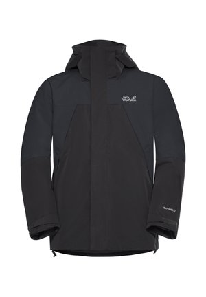 Giacca nera impermeabile con colletto alto, cappuccio e design bicolore. Presenta una texture liscia e un logo sul petto; polsini regolabili.