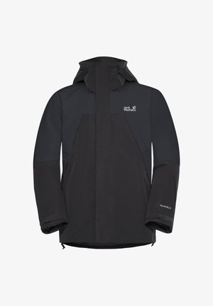 Giacca nera impermeabile con colletto alto, cappuccio e design bicolore. Presenta una texture liscia e un logo sul petto; polsini regolabili.