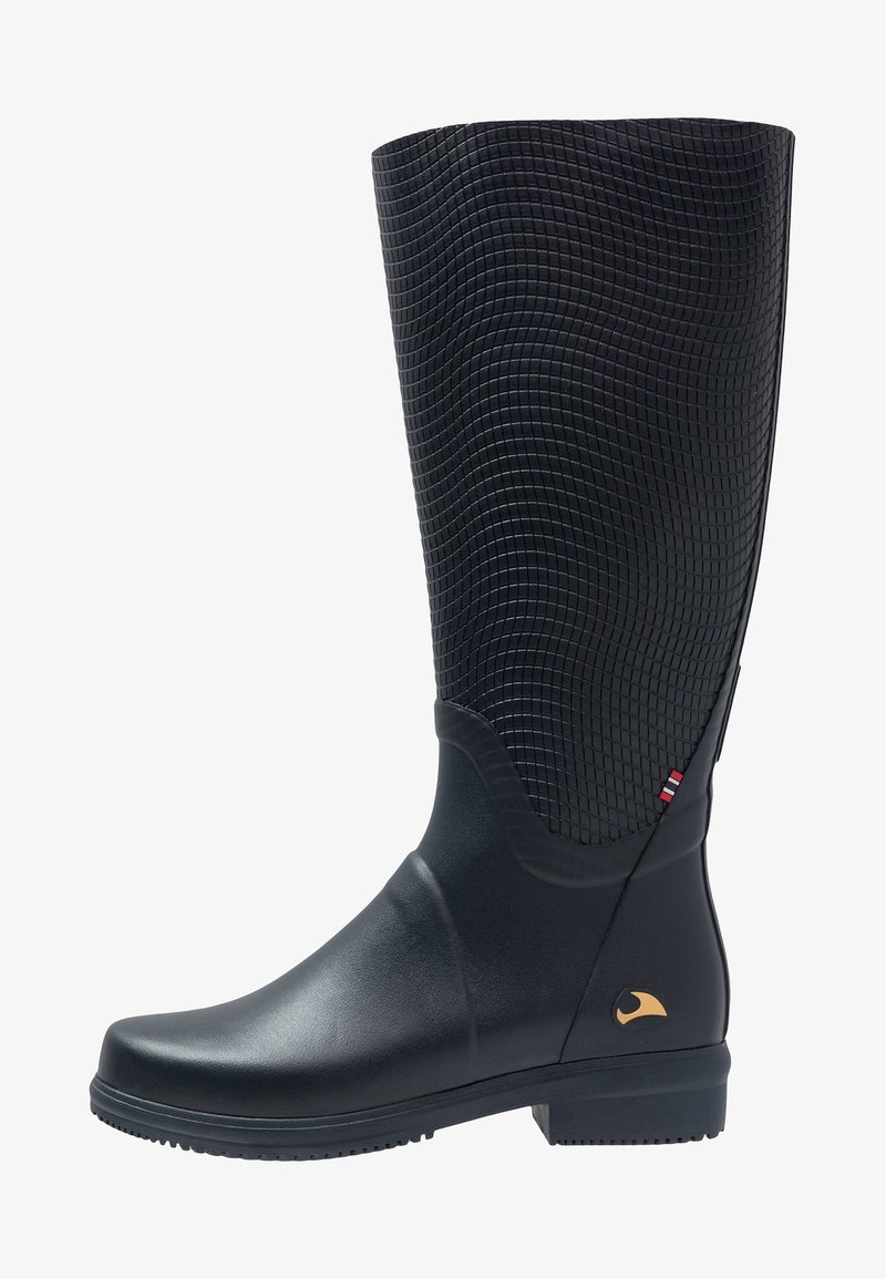 Botte de pluie noire mi-mollet avec tige supérieure texturée, partie inférieure lisse, talon bas et petit emblème doré près du talon.