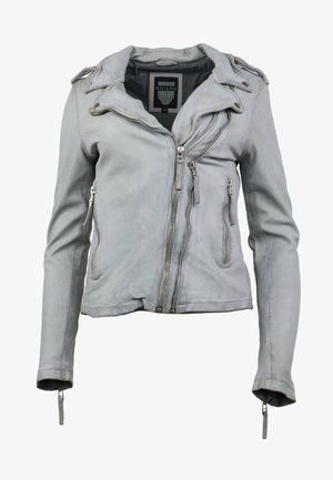 Grå læderjakke med lynlås foran, flere lynlåse på lommerne og en struktureret krave. Glat tekstur og tætsiddende design.