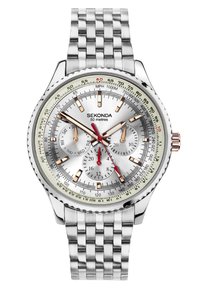 Silver stainless steel watch with a textured dial, 50-meter water resistance, three sub-dials, and a mesh bracelet. Features red accents.