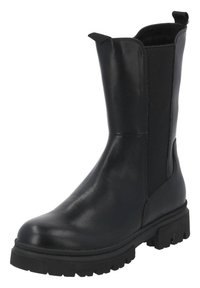 Stivale alla caviglia in pelle nera con pannelli laterali elastici, punta tonda e suola in gomma resistente con scanalature profonde per una buona aderenza.
