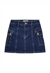 Jupe en denim bleu foncé avec deux poches latérales, fermeture à boutons sur le devant et coutures contrastées. Elle présente une coupe droite et une texture lisse.