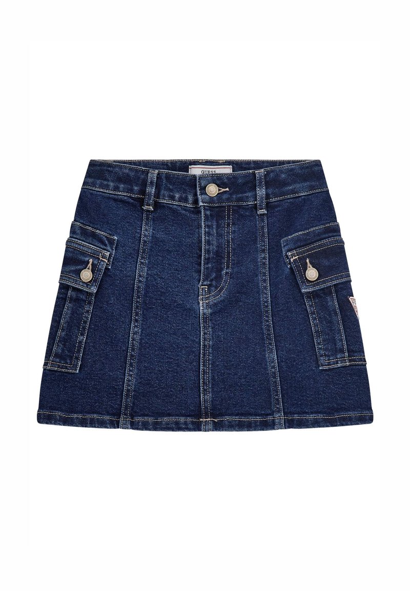 Jupe en denim bleu foncé avec deux poches latérales, fermeture à boutons sur le devant et coutures contrastées. Elle présente une coupe droite et une texture lisse.