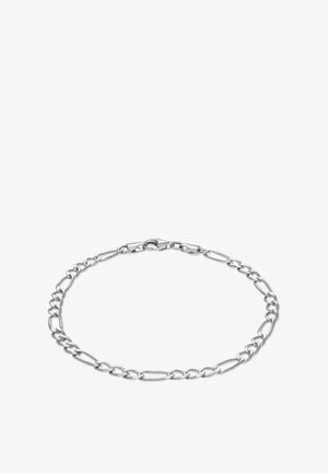 Collana in argento con anelli ovali allungati e rotondi intrecciati, dotata di chiusura a moschettone su uno sfondo bianco.