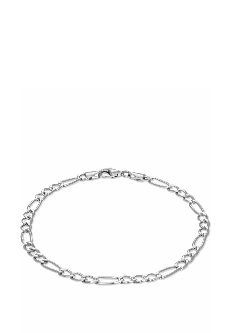 Silver kedja halsband med sammanlänkade avlånga ovala och runda länkar, med en krabba-låsning mot en vit bakgrund.