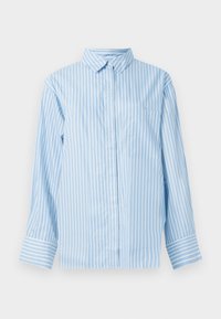 Light blue striped shirt with long sleeves, button-down collar, single chest pocket, and contrasting striped cuffs. Cotton blend material.