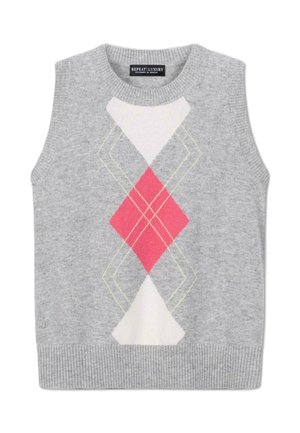 Lichtgrijs mouwloos gebreid vest met geribbelde randen en een argyle-patroon in witte, roze en crèmekleurige ruiten in het midden vooraan.