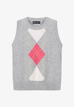 Lichtgrijs mouwloos gebreid vest met geribbelde randen en een argyle-patroon in witte, roze en crèmekleurige ruiten in het midden vooraan.