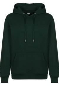 Sweat à capuche vert foncé avec poche kangourou devant et cordons à la capuche, manches longues, poignets et ourlet côtelés.