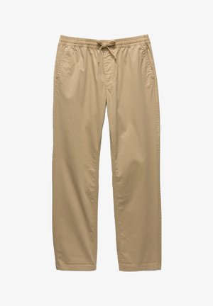 Pantaloni in cotone beige con cintura elastica e cordoncino regolabile, dotati di tasche laterali e design a vestibilità rilassata.