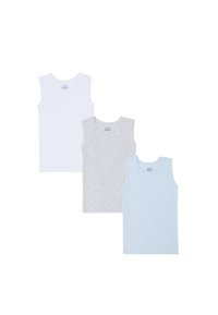 Drie mouwloze tanktops: één wit, één lichtgrijs gemêleerd en één lichtblauw. Gemaakt van zachte stof met een gladde textuur.
