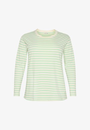 Pikad varrukad T-särk, mis on valmistatud pehmest kangast, kreemja põhivärviga, millel on horisontaalsed heledat roheline triibud, ümmargune kaelus ja mugav lõige.