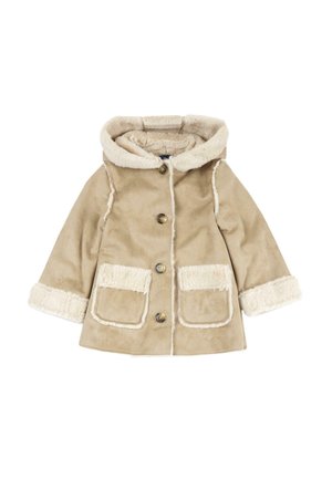 Cappotto beige per bambino piccolo con rifinitura in pelliccia sintetica su cappuccio, polsini, tasche frontali e tre bottoni frontali per la chiusura.