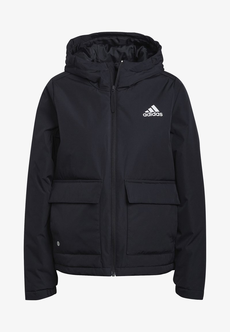 Black hooded jacket made of lightweight, water-resistant material, featuring a front zipper, two patch pockets, and a white Adidas logo.