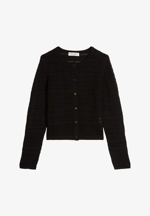 Zwarte gebreide cardigan met lange mouwen, knoopsluiting aan de voorkant en subtiel horizontaal ajourpatroon, ronde hals en geribde boorden en zoom.