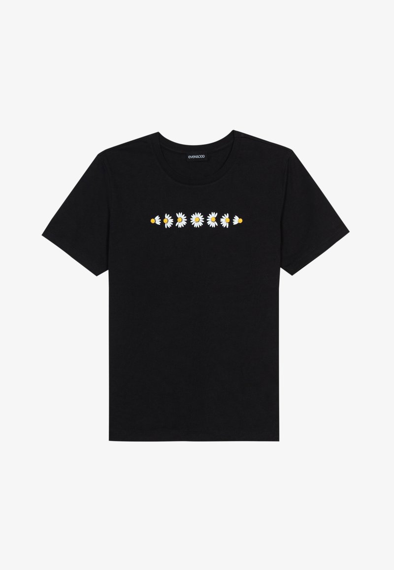 Sort bomulds T-shirt med en vandret række af hvide margueritter med gule midterpunkter trykt over brystet. Klassisk crew neck-design.