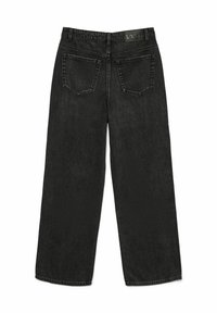 Svart denim byxor med vida ben och hög midja, fem fickor och en lätt blekning. Har detaljerad sömnad och ett märkeslabel på midjan.