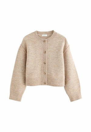 Beige strikket cardigan med rund hals, knaplukning foran, sænkede skuldre samt ribbede manchetter og kant. Blød tekstur og cropped design.