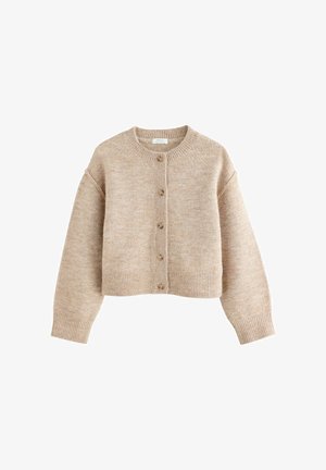 Beige knit cardigan with a round neck, button closure down the front, dropped shoulders, and ribbed cuffs and hem. Soft texture and cropped design.
