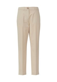 Pantalons beiges ajustés avec un design épuré, dotés d'une fermeture à bouton, de jambes droites et d'une texture subtile. Convient aux environnements formels.