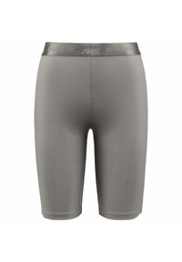 Pantaloni sportivi grigi realizzati in tessuto elastico, con una texture liscia e una vita elastica con il nome del marchio stampato.