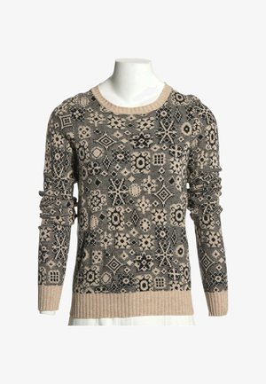Pull en maille à manches longues avec motifs géométriques et floraux beige et noir, poignets et ourlet côtelés, présenté sur un mannequin sans tête.