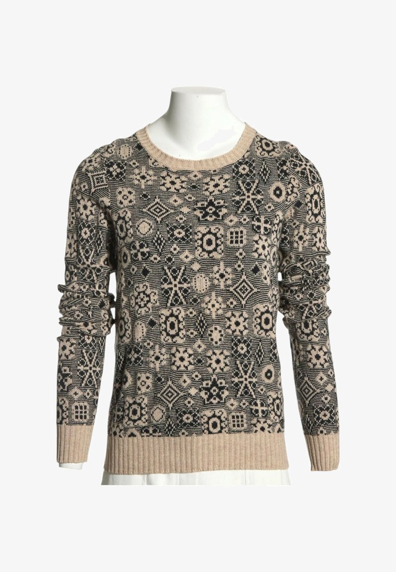 Pull en maille à manches longues avec motifs géométriques et floraux beige et noir, poignets et ourlet côtelés, présenté sur un mannequin sans tête.