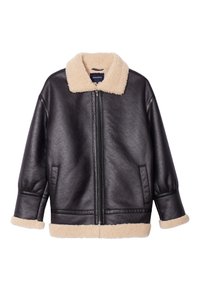 Black leather jacket with front zipper, beige shearling collar, cuffs, and hem, and two side pockets.