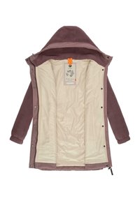 Jakna od vanjskog materijala boje mauve, podstavljena flisom i s kapuljačom. Ima krem unutrašnjost i narančasti oznaku. Zatvarači na kopčanje i patentni zatvarač.