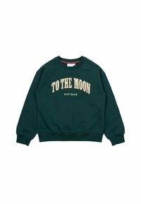 Zelená mikina s okrúhlym výstrihom, dlhými rukávmi a rebrovanými manžetami. Na prednej strane je výšivka s textom "TO THE MOON" a "and back." Mäkká textura.