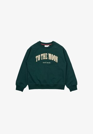 Zielona bluza z okrągłym dekoltem, długimi rękawami i ściągaczami. Z przodu haftowany napis "TO THE MOON" oraz "and back". Miękka w dotyku.
