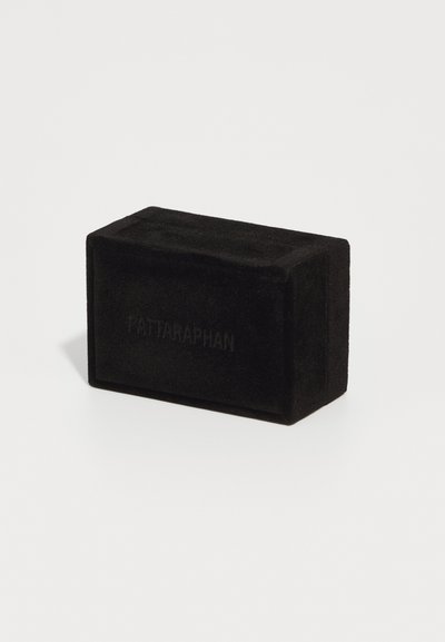 Black rectangular box with a soft velvet texture, featuring a subtle embossed logo on one side. Smooth edges and a minimalist design.