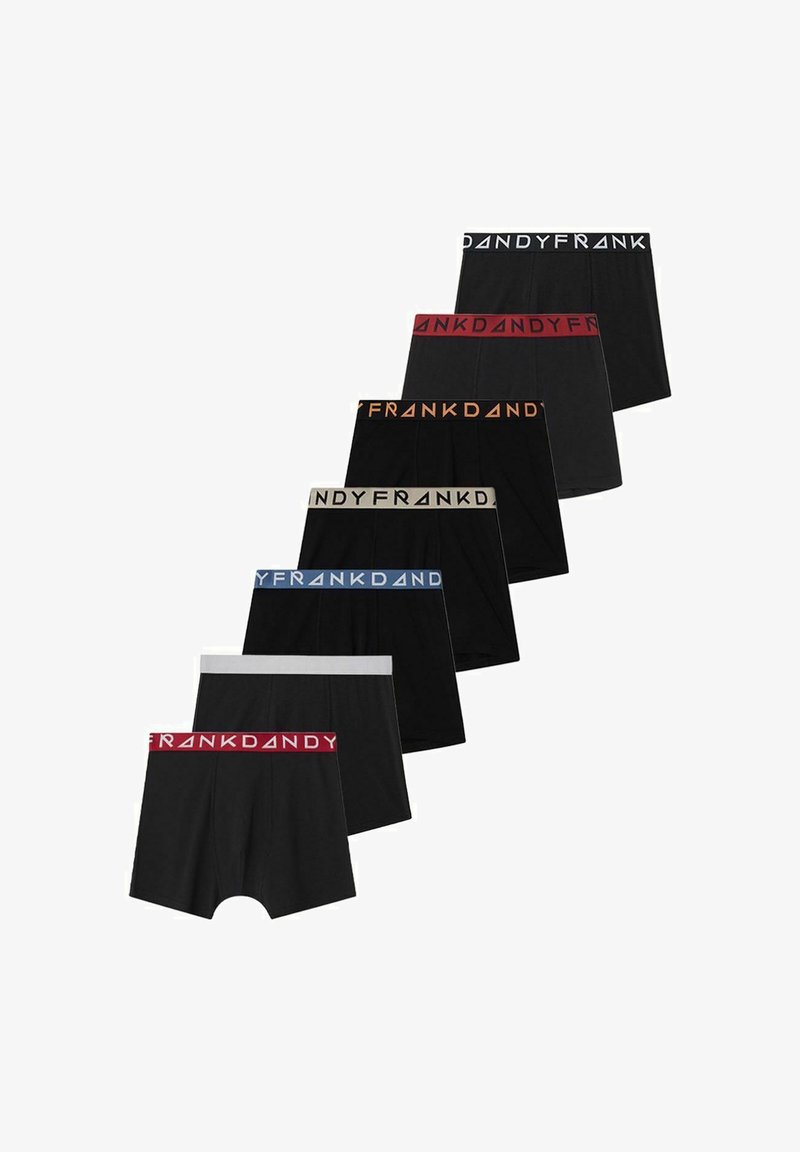 Set med sju svarta boxershorts med olika färgade elastiska midjeband med "FRANKDANDY"-logotyp: vit, röd, grå, blå och orange.