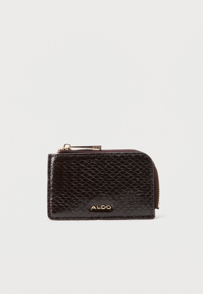 Portefeuille en cuir noir texturé avec fermeture éclair dorée et logo ALDO, forme rectangulaire compacte sur fond blanc.