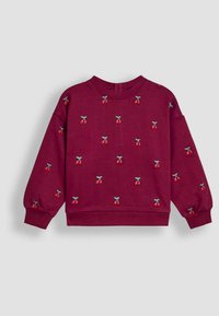 Bordeauxfarbenes Sweatshirt mit gestickten Kirschmotiven in Rot und Grün, langen Ärmeln mit gerafften Bündchen und einem Rundhalsausschnitt.