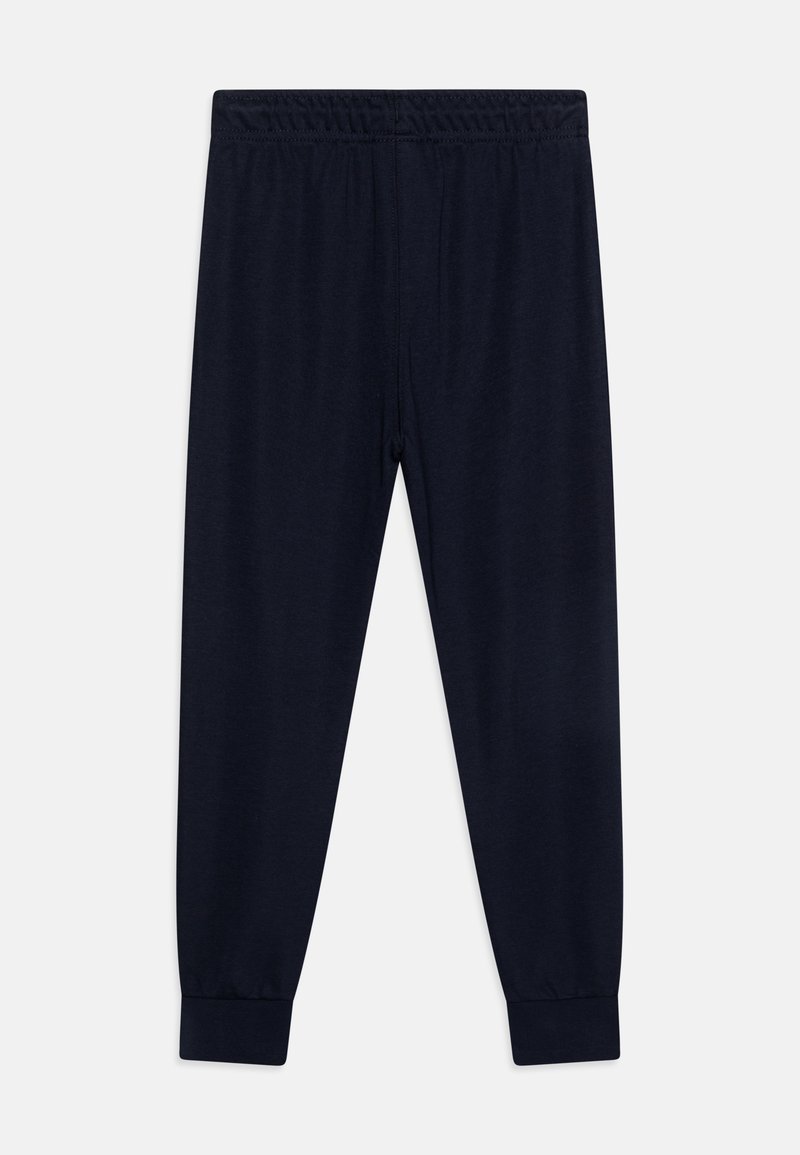 Pantalons de jogging légers bleu marine avec une taille élastique et des poignets ajustés. Fabriqués en tissu doux avec une texture lisse. Pas de motifs ni d'accents.