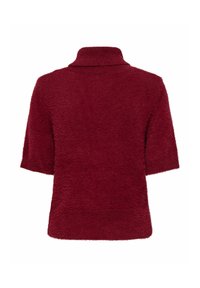Pull court à manches courtes rouge foncé duveteux avec un col haut plié, vu de dos sur fond blanc.