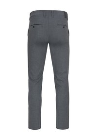 Szare dopasowane spodnie o wąskim kroju, z dwiema tylnymi kieszeniami i gładką teksturą materiału. Posiadają szlufki na pasek w talii.