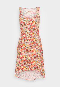 Vestido floral com design sem mangas, apresentando uma cintura franzida, padrão floral multicolorido e uma saia evasê com costas mais baixas.