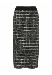Jupe crayon en laine tricotée à carreaux noir et blanc avec une ceinture élastique noire, longueur genou, présentée sur un fond blanc.