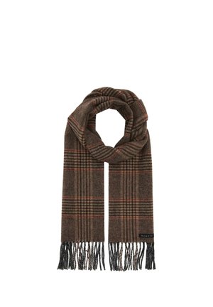 Brown wool scarf with plaid pattern, black and red lines, fringed ends, and a sewn-on black label reading "bugatti."
