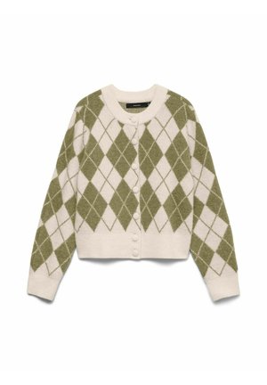 Cárdigan de punto en crema y verde oliva, con un patrón argyle, cuello redondo, cierre de botones y un dobladillo y puños acanalados. Textura suave.
