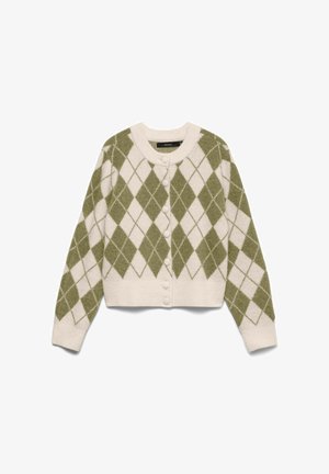 Gebreide cardigan in crème en olijfgroen, met een ruitpatroon, ronde halslijn, knopenfront en geribbelde zoom en manchetten. Zachte textuur.