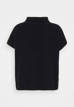 T-shirt noir à manches courtes en tricot avec un col haut et une coupe ample et carrée. Texture douce, avec un design simple et uni.