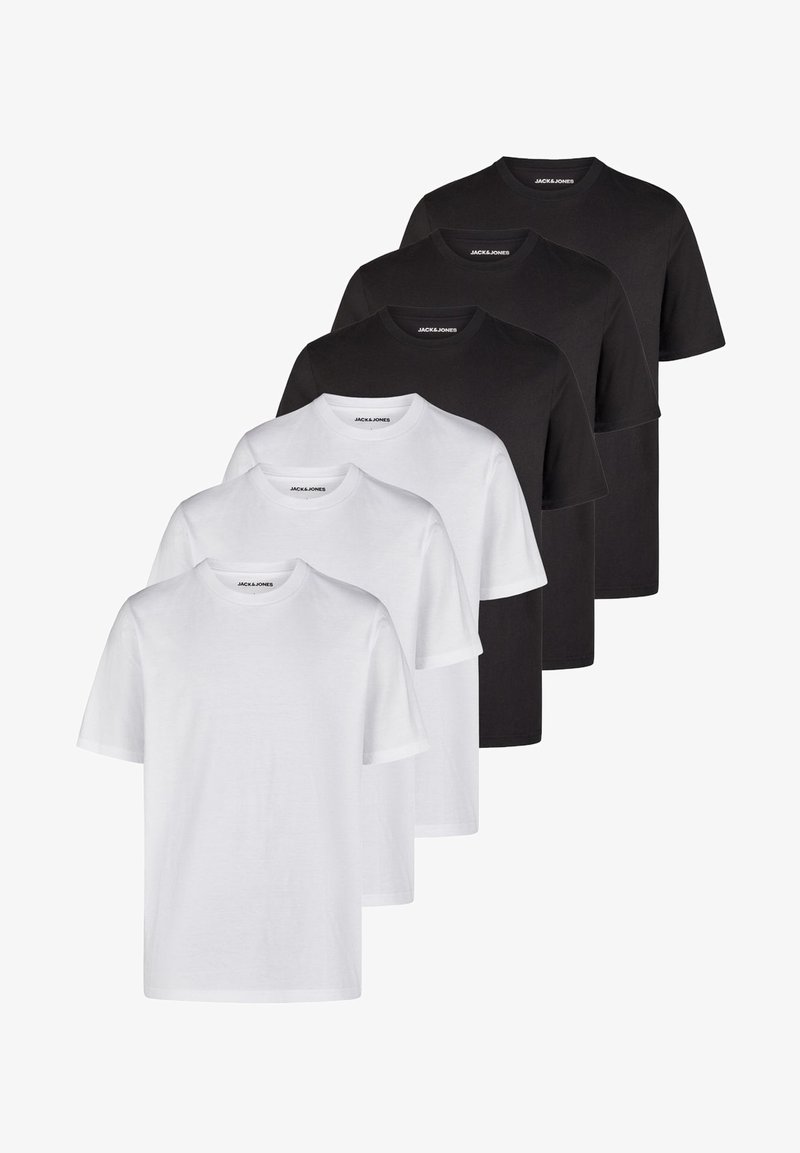 Conjunto de seis camisetas básicas en blanco y negro. Material de algodón, diseño de cuello redondo, mangas cortas, corte regular. Sin patrones ni acentos.